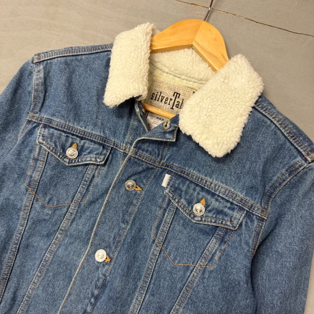 Levi's SilverTab Denim Jacket‎ Blue Sherpa Collar Trucker Kids Size M 10-12